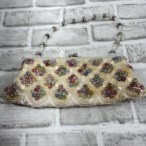 Vintage Handmade Beaded Cream Multi Color Beaded Wedding Small Bag